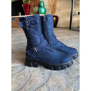 Atalina Navy Blue Rhinestone Lug Sole Platform Mid-Calf Boots Womens 7.5